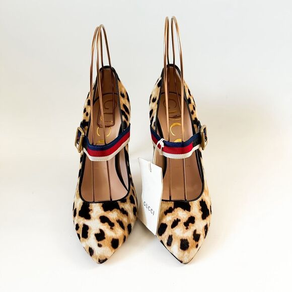Gucci Web Stripe Sylvie Leopard Animal Print Heels Pumps 38.5, 8.5 - Picture 2 of 12